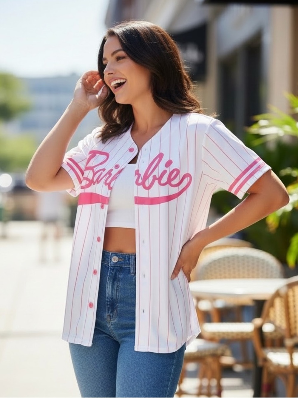 ‼️❌FINAL PRICE DROP❌‼️BARBIE Baseball Jersey Shirt Sz M Hot Pink/White top NEW